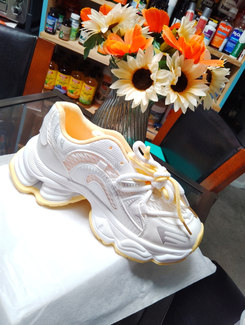 White & Yellow Platform Athletic Sneakers - Women's - Picture 3 of 8